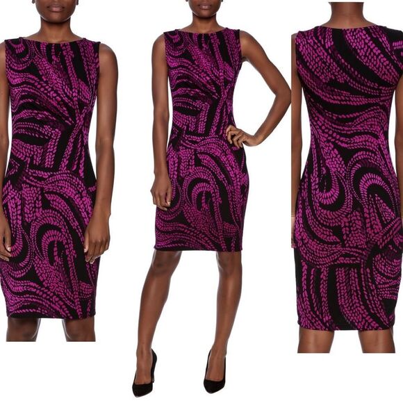 JOSEPH Ribkoff purple black ruched  MAIDENHAIR FERN DRESS Sz 8 - Picture 1 of 15